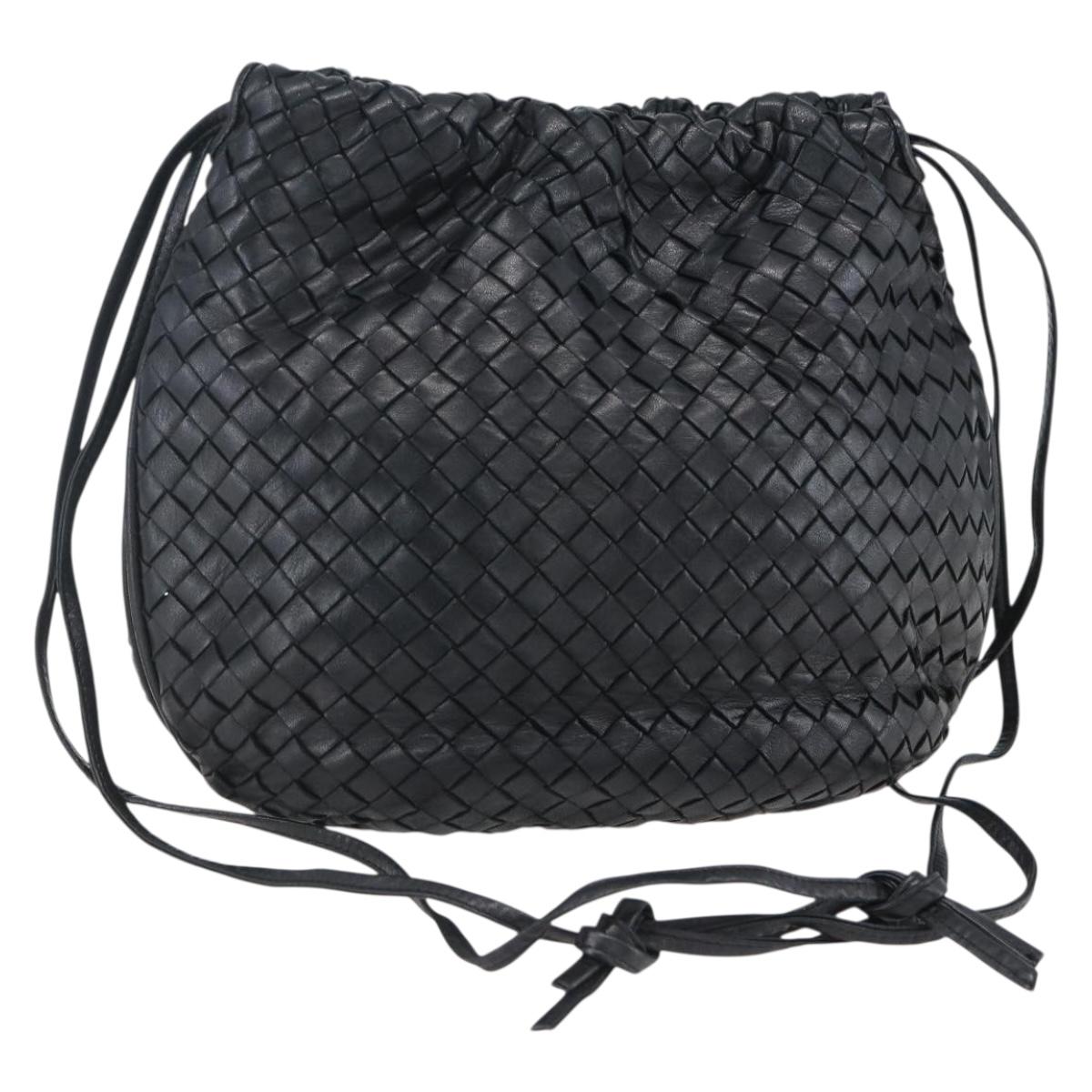 BOTTEGA VENETA INTRECCIATO Shoulder Bag Leather Black Gold Auth ep13348