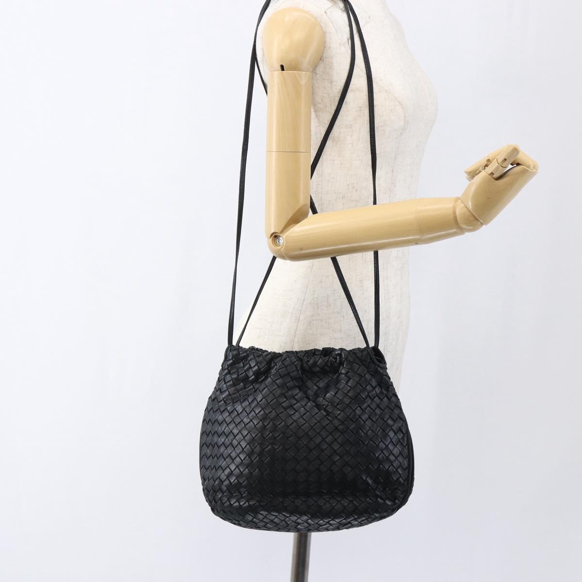 BOTTEGA VENETA INTRECCIATO Shoulder Bag Leather Black Gold Auth ep13348