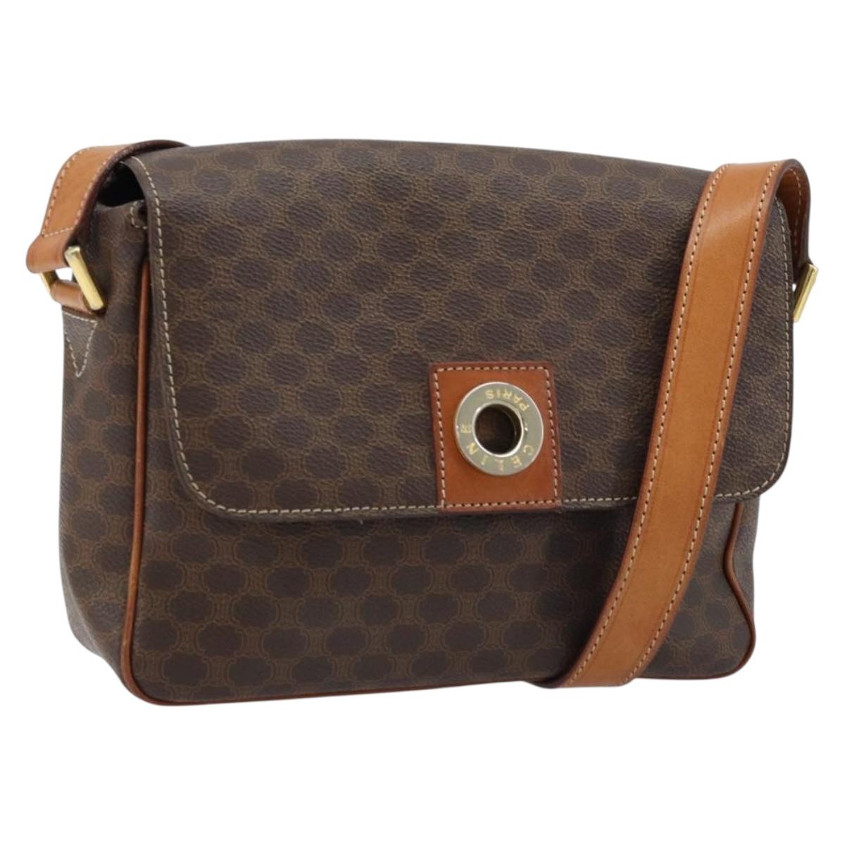 CELINE Macadam Canvas Circle Shoulder Bag PVC Leather Brown Gold Auth ep13354