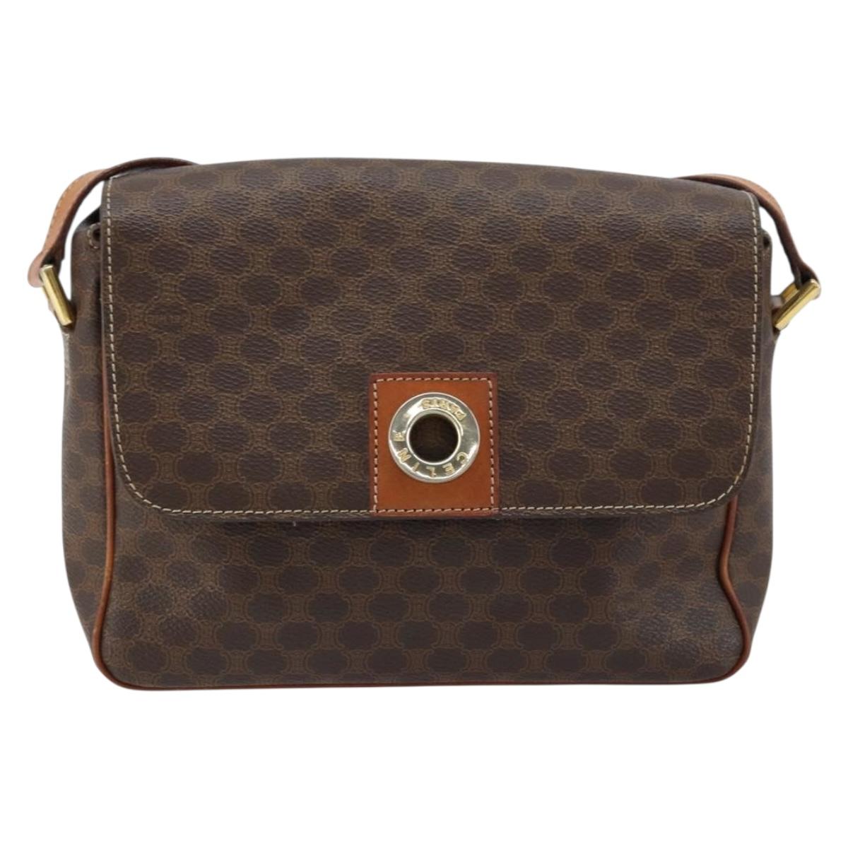 CELINE Macadam Canvas Circle Shoulder Bag PVC Leather Brown Gold Auth ep13354
