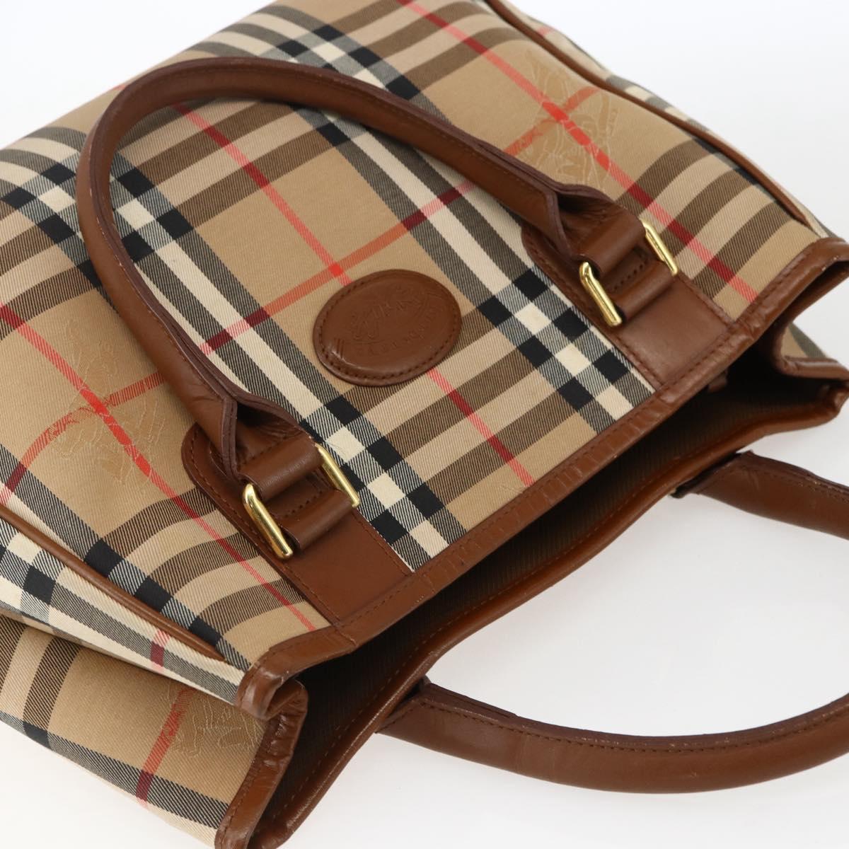 Burberrys Nova Check Hand Bag Canvas Beige Gold Auth ep13387