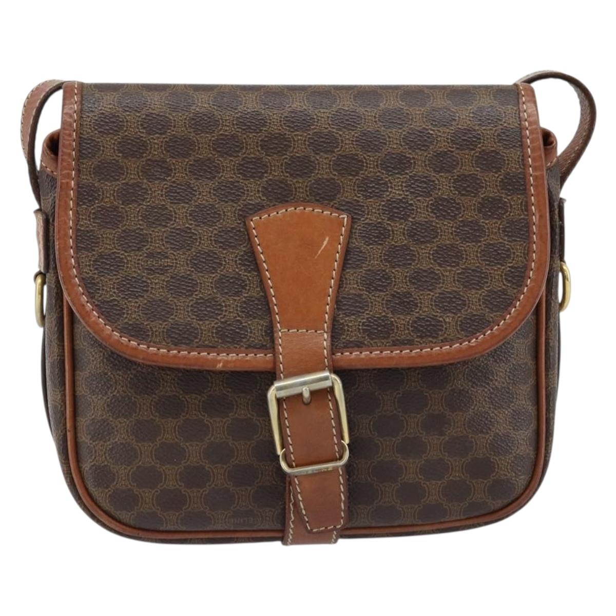 CELINE Macadam Canvas Shoulder Bag PVC Leather Brown Gold Auth ep13426