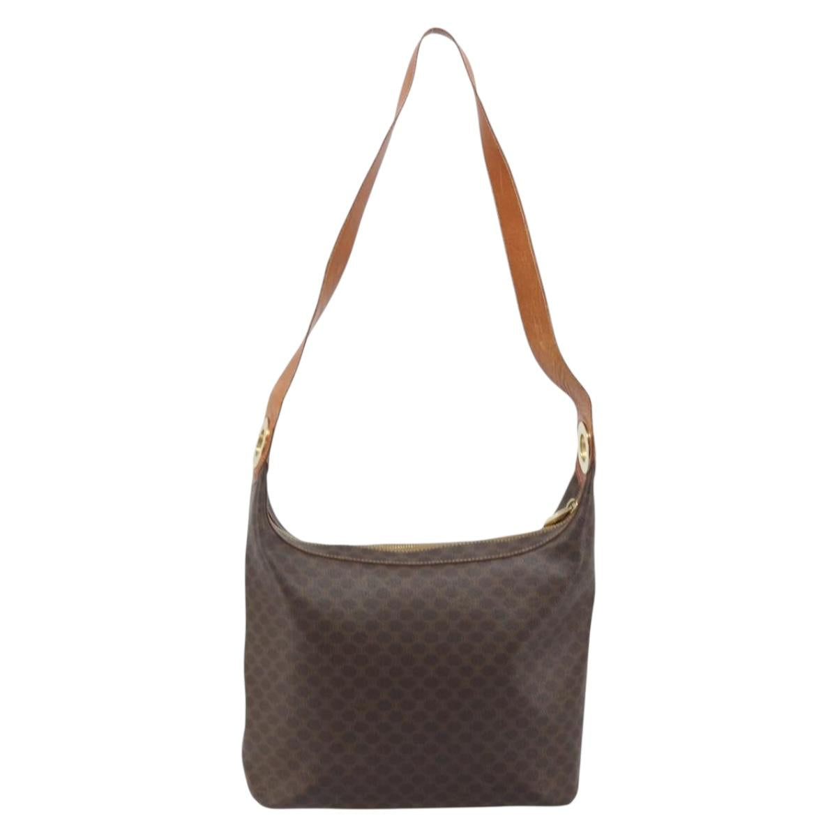 CELINE Macadam Canvas Shoulder Bag PVC Leather Brown Gold Auth ep13438