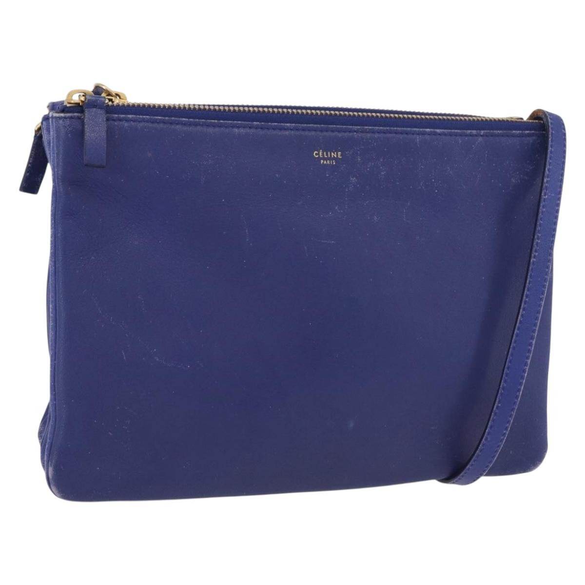 CELINE Trio Shoulder Bag Leather Blue Gold Auth ep13474