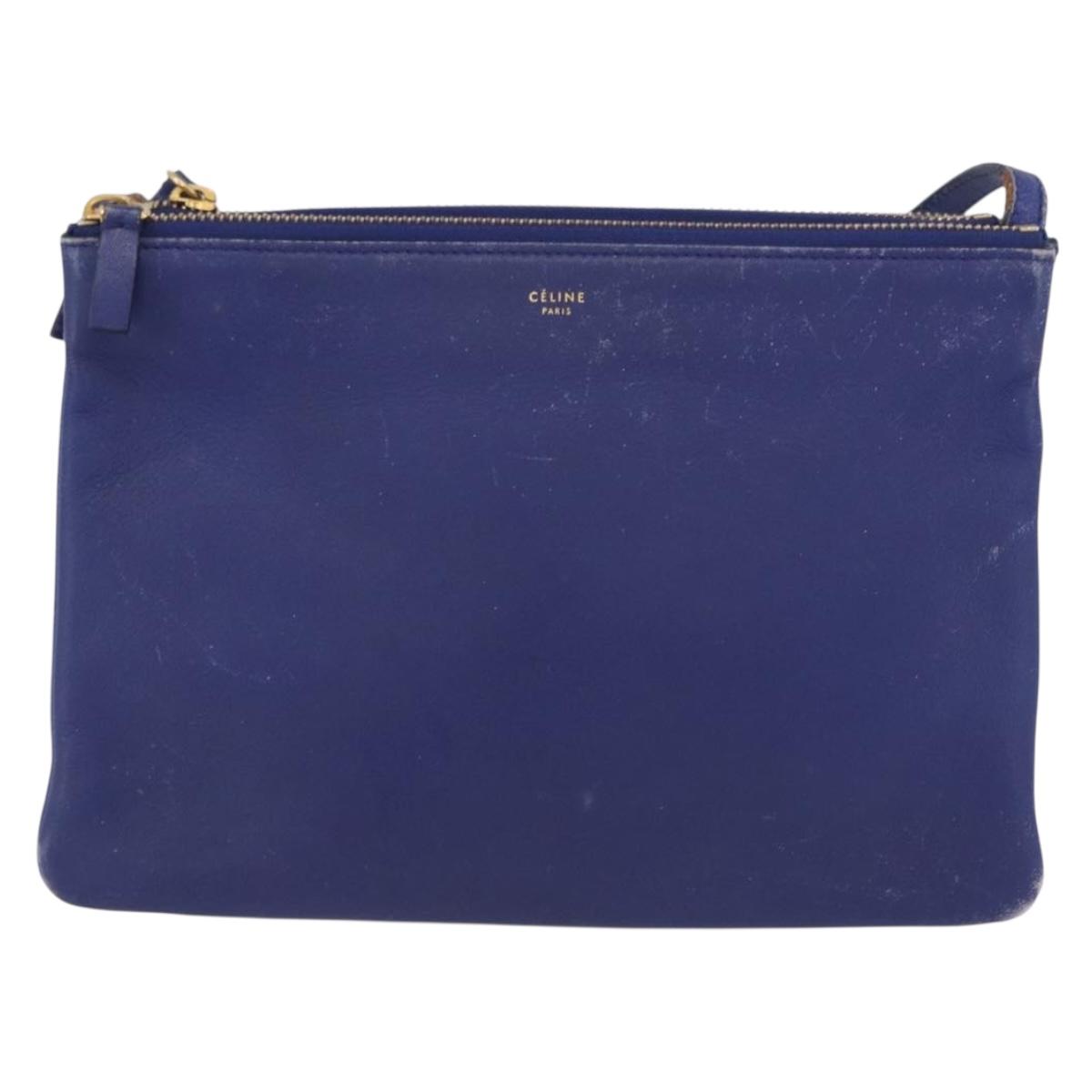 CELINE Trio Shoulder Bag Leather Blue Gold Auth ep13474