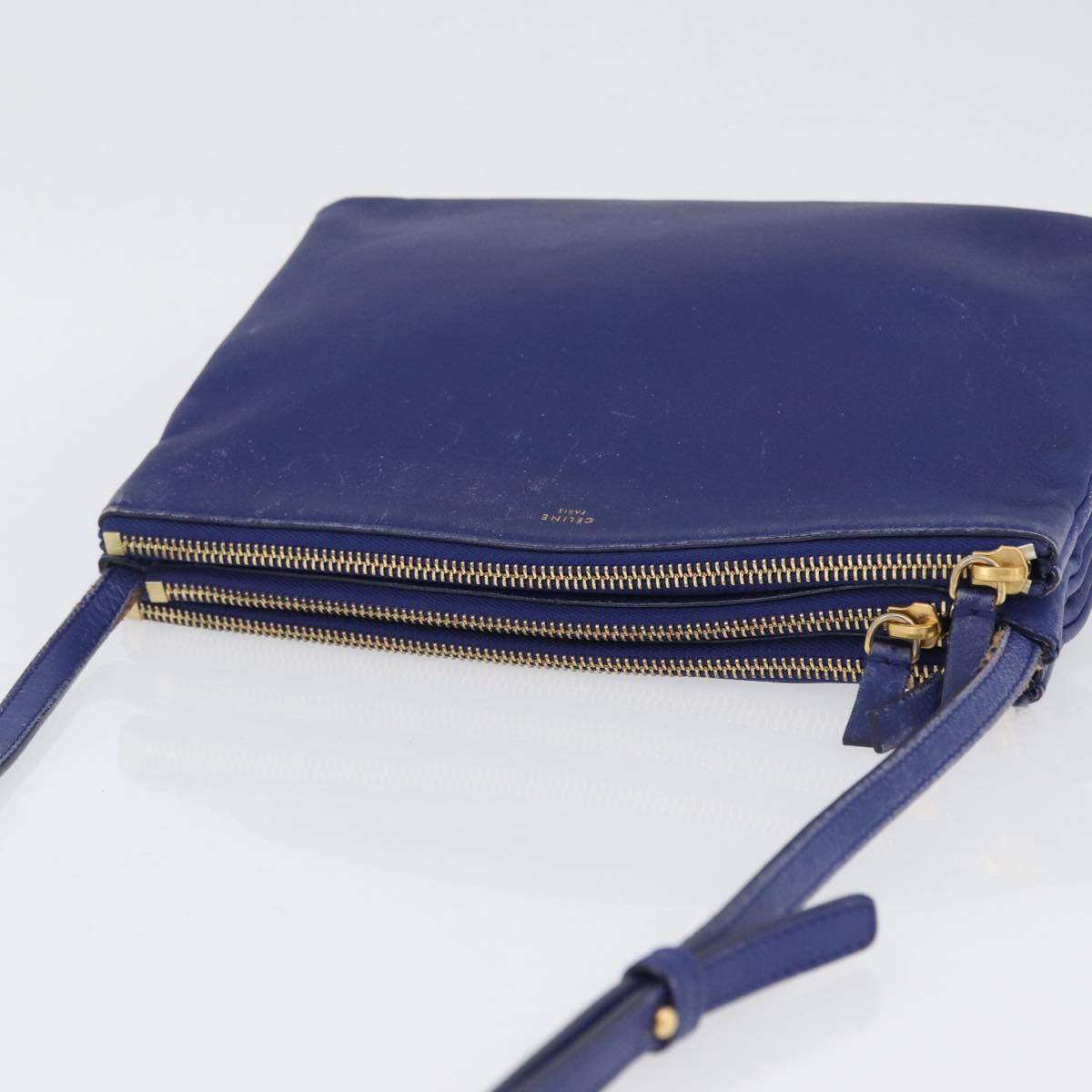 CELINE Trio Shoulder Bag Leather Blue Gold Auth ep13474