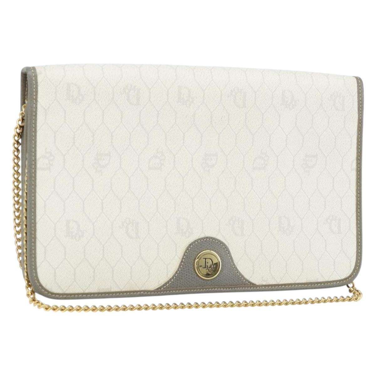 Christian Dior Honeycomb Canvas Chain Shoulder Bag PVC White Gold Auth ep13486