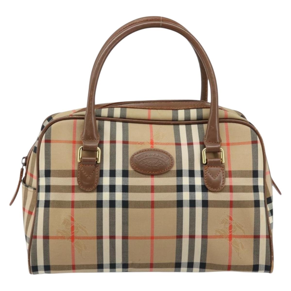 BURBERRY Nova Check Boston Bag Canvas Leather Beige Gold Auth ep13490