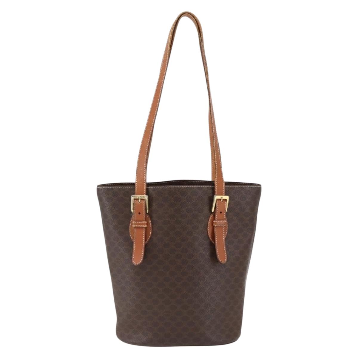 CELINE Macadam Canvas Tote Bag PVC Leather Brown Gold Auth ep13501