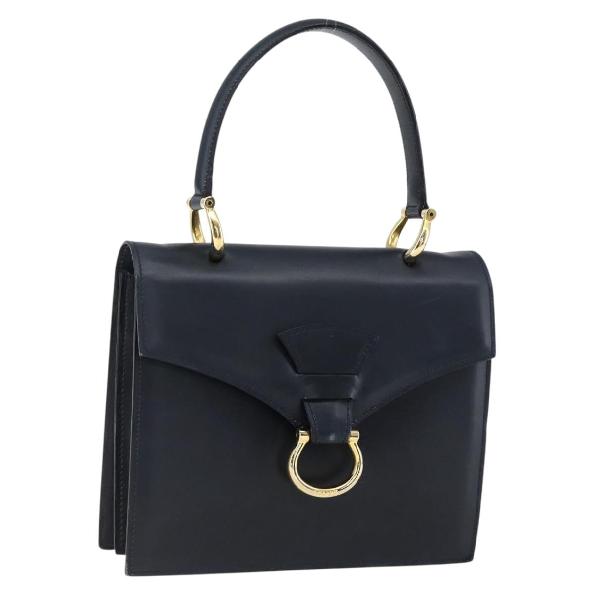 CELINE Hand Bag Leather Navy Gold Auth ep13502V