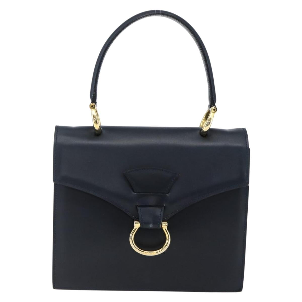 CELINE Hand Bag Leather Navy Gold Auth ep13502V