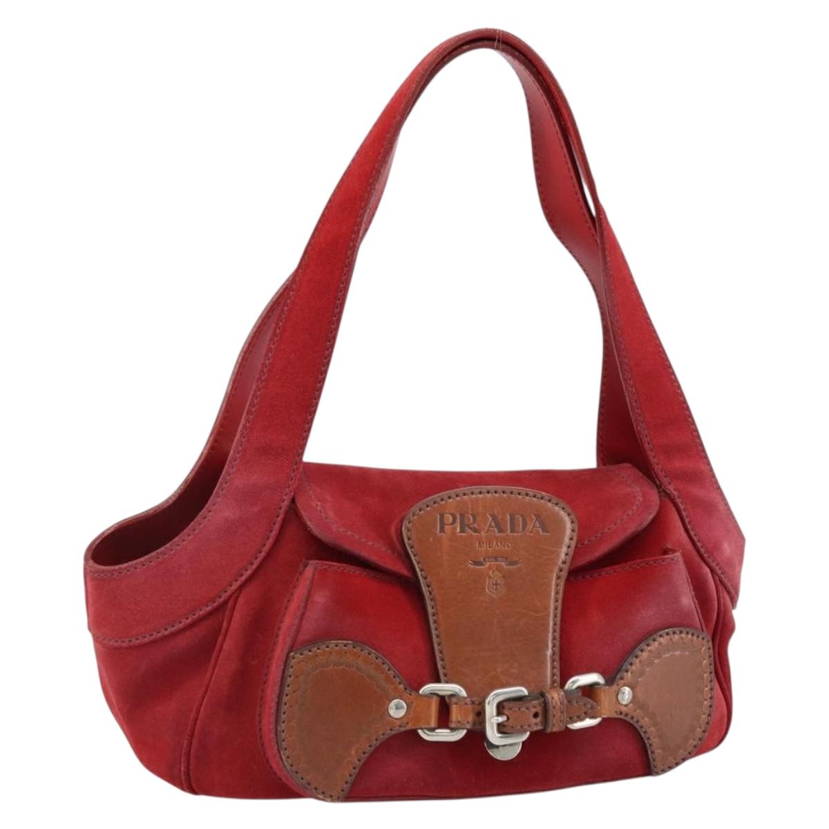 PRADA Shoulder Bag Suede Red Silver Auth ep13522
