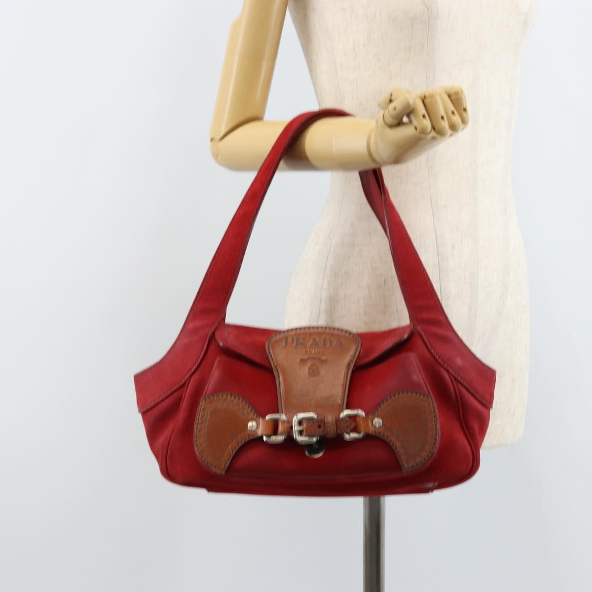 PRADA Shoulder Bag Suede Red Silver Auth ep13522