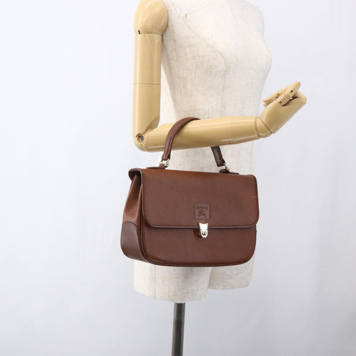 Burberrys Hand Bag Leather Brown Gold Auth ep13546