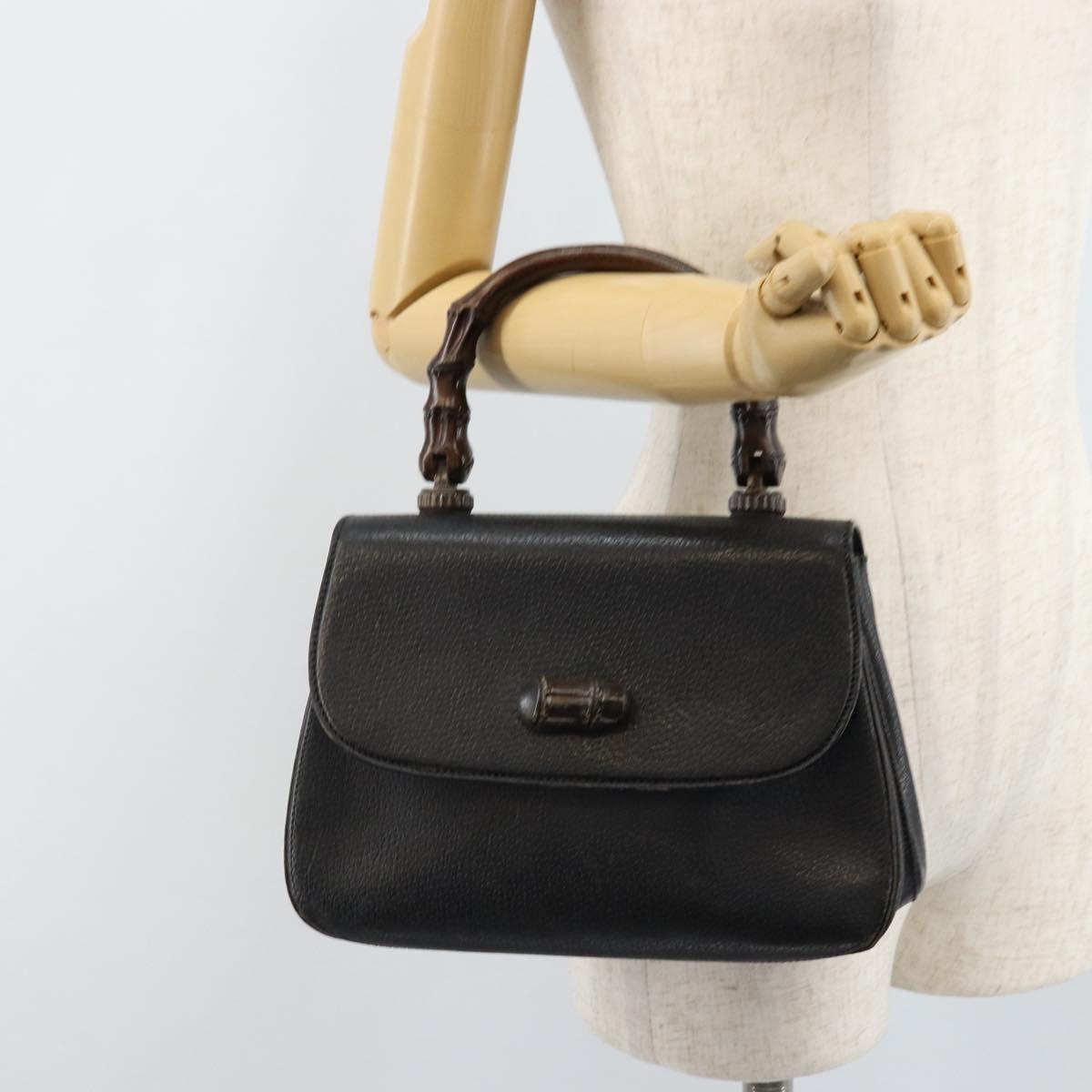 GUCCI Bamboo Hand Bag Leather Black Gold Auth ep13556