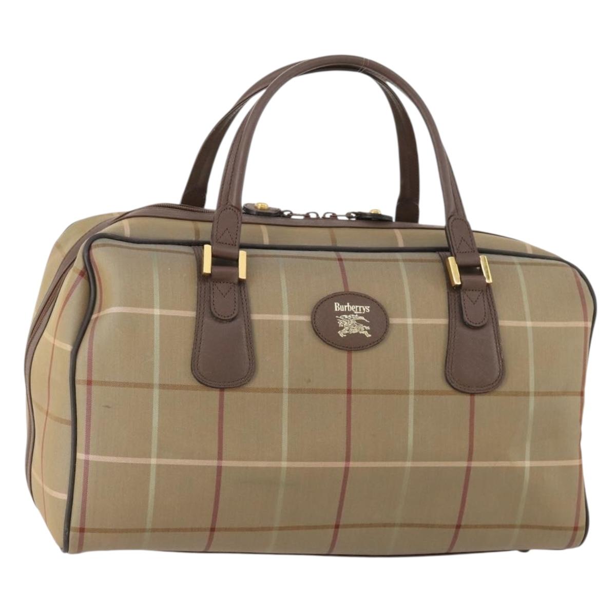 Burberrys Nova Check Boston Bag Canvas Leather Beige Gold Auth ep13568