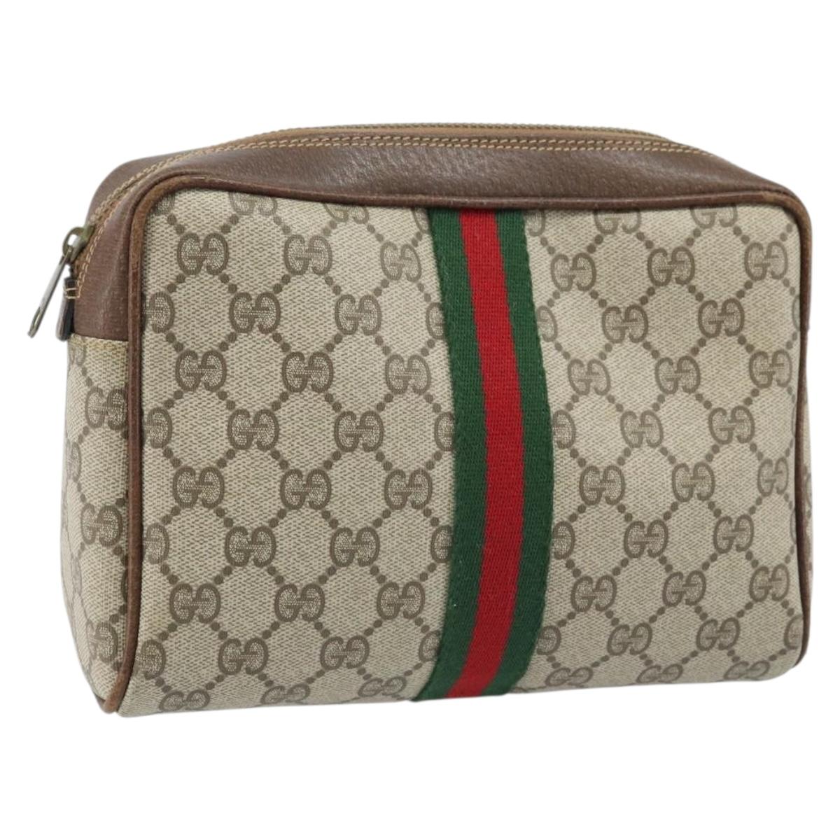 GUCCI GG Supreme Web Sherry Line Clutch Bag PVC Beige Gold Red Auth ep13569