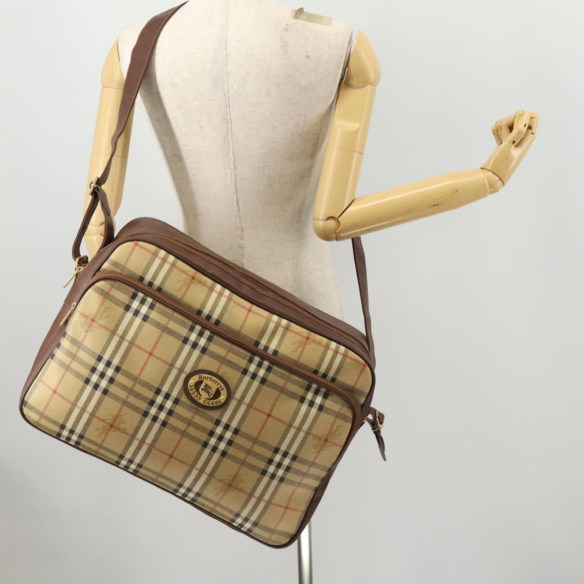 Burberrys Nova Check Shoulder Bag PVC Leather Beige Gold Auth ep13571