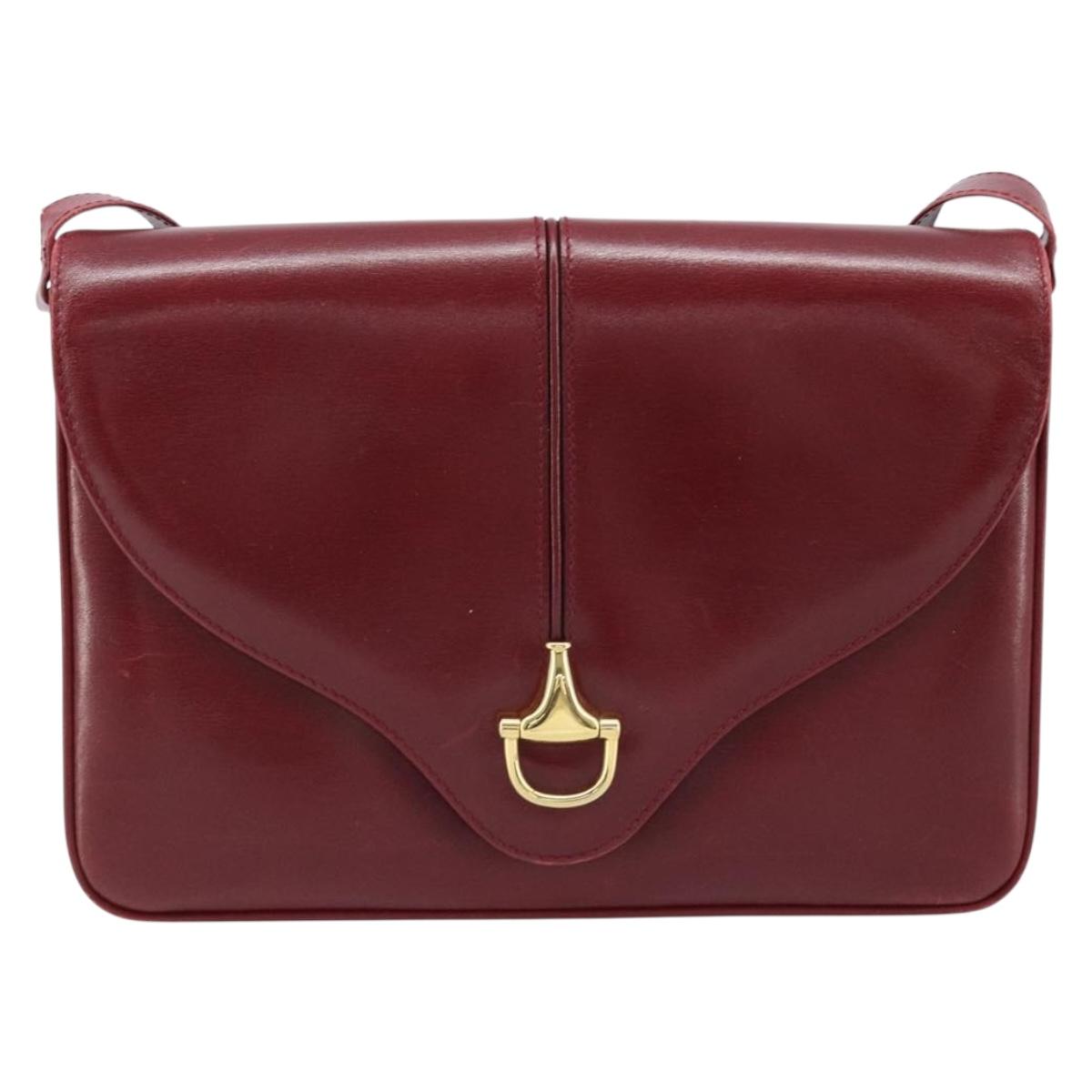 GUCCI Horsebit Shoulder Bag Leather Red Gold Auth ep13642