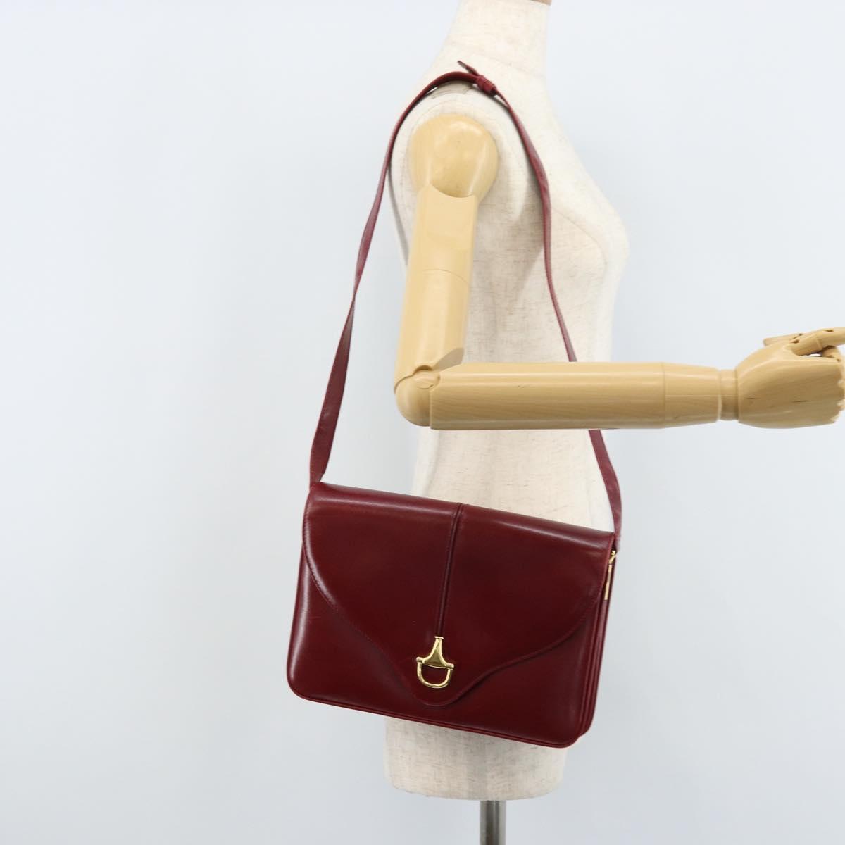 GUCCI Horsebit Shoulder Bag Leather Red Gold Auth ep13642