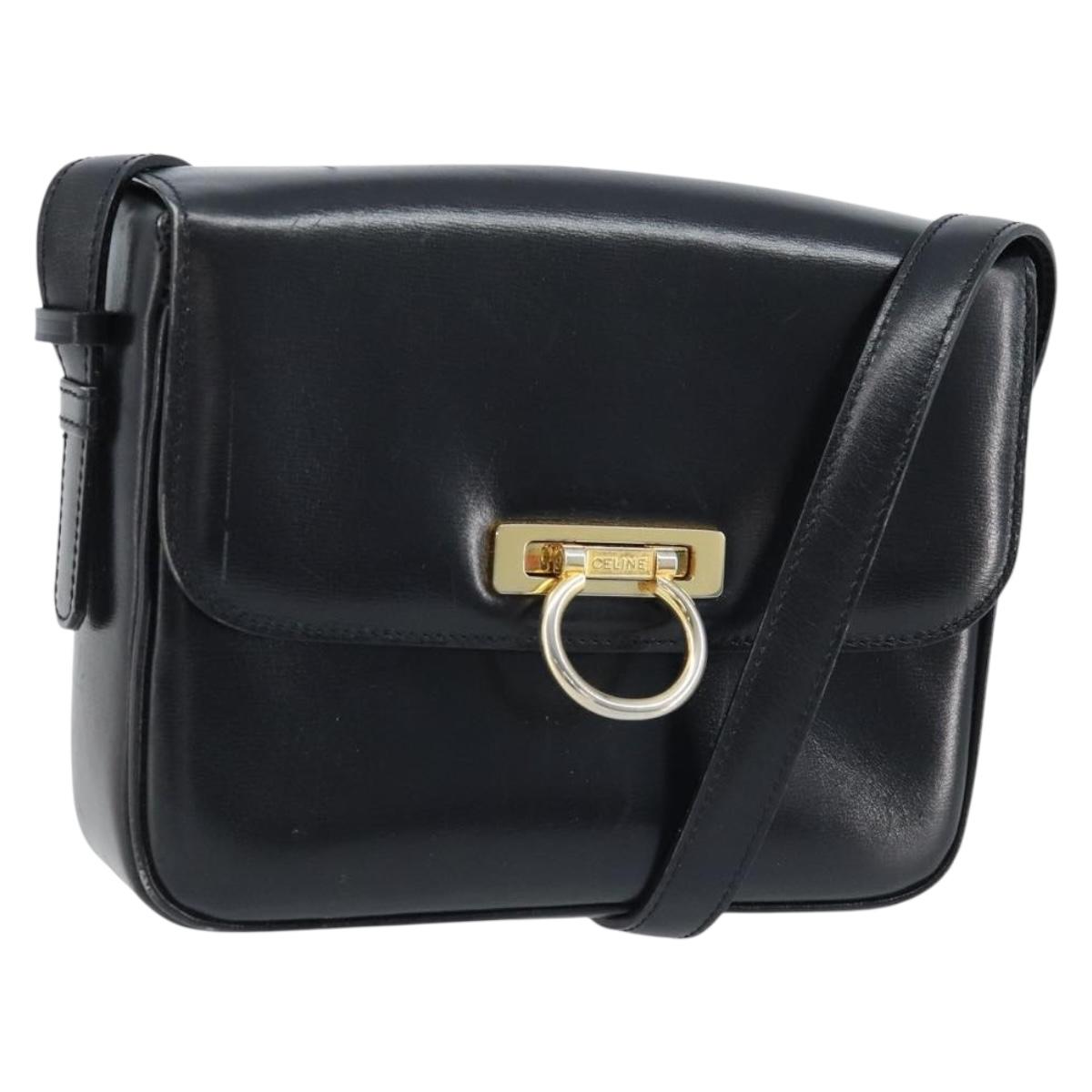 CELINE Gancini Shoulder Bag Leather Black Gold Auth ep13660