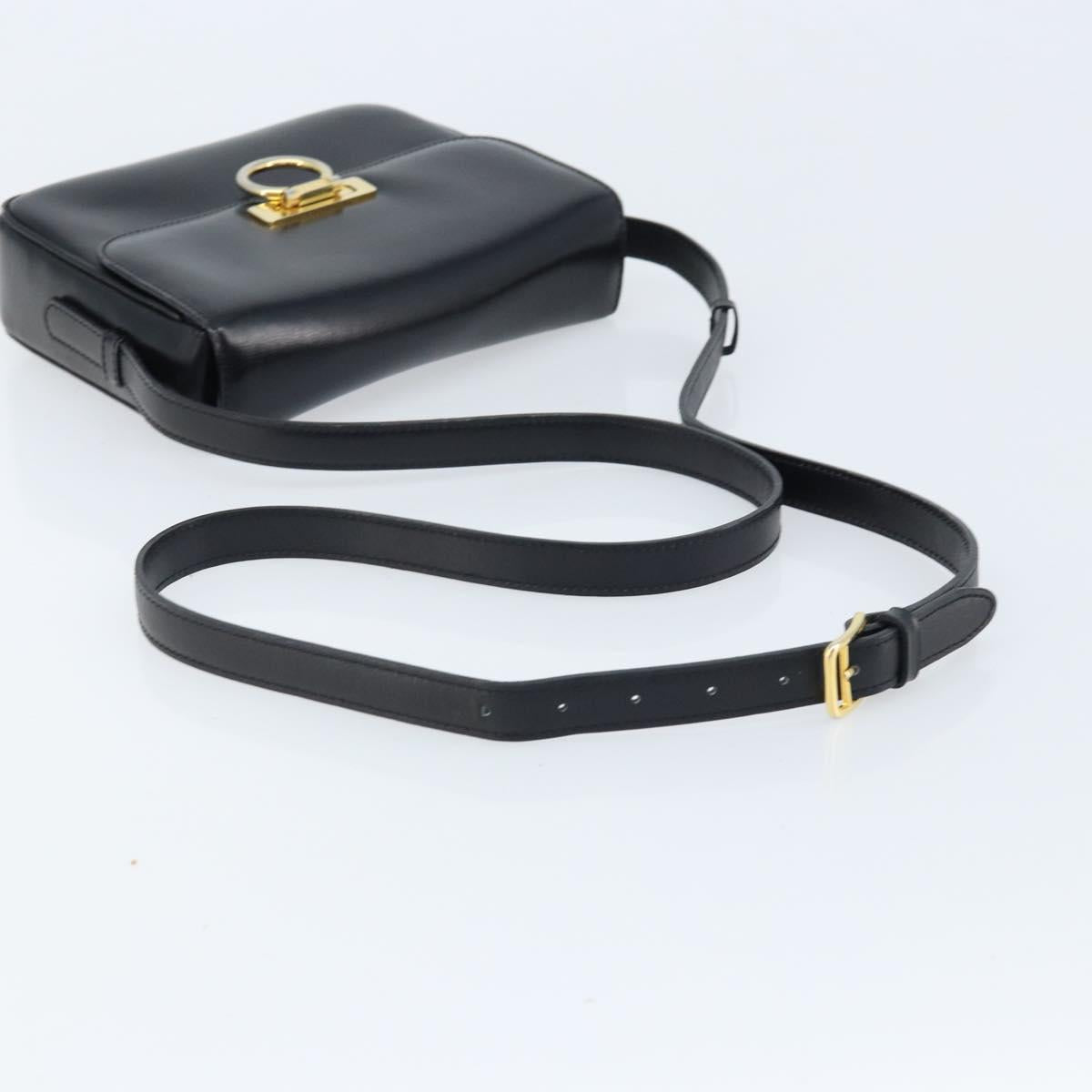 CELINE Gancini Shoulder Bag Leather Black Gold Auth ep13660