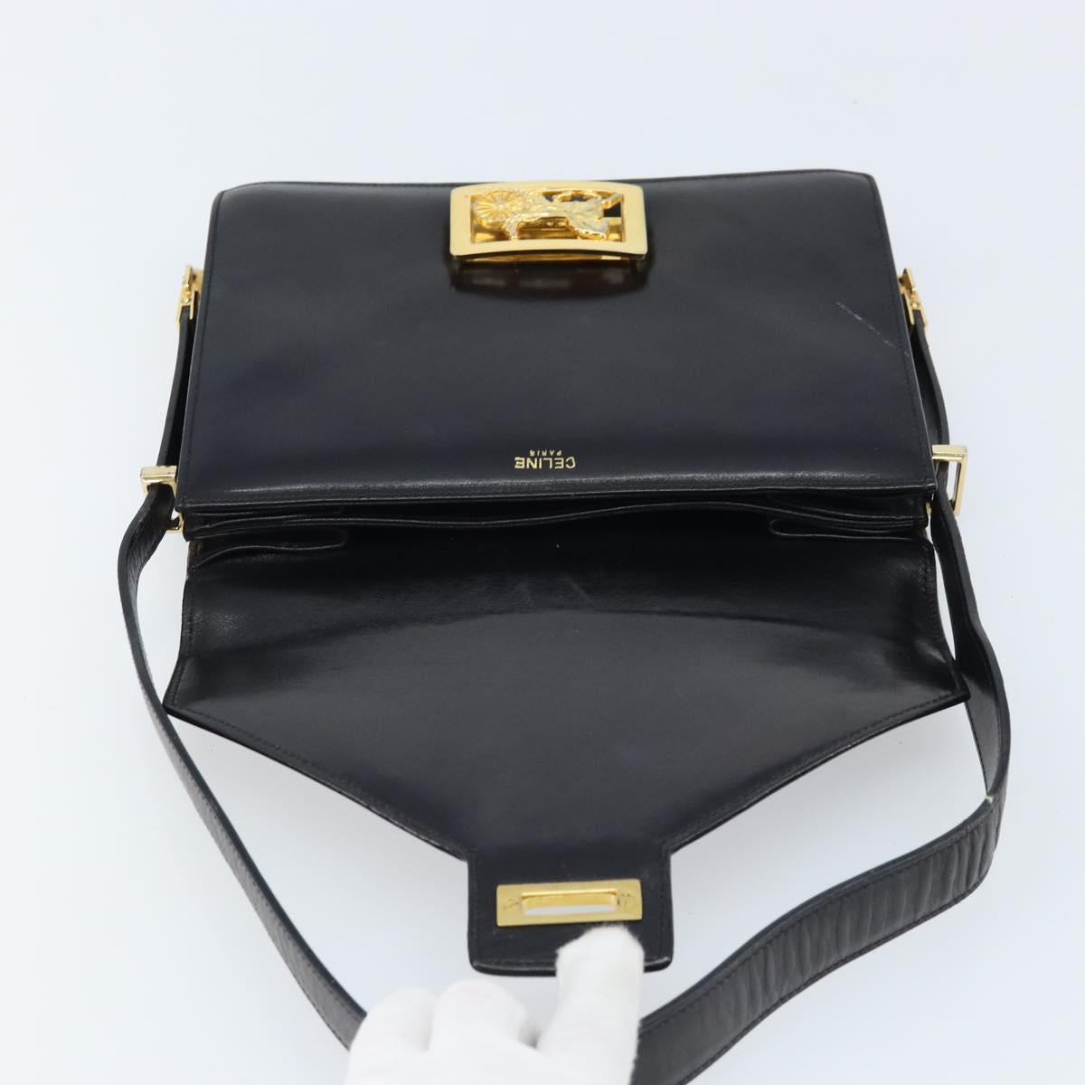 CELINE Horse Carriage Shoulder Bag Leather Black Gold Auth ep13665
