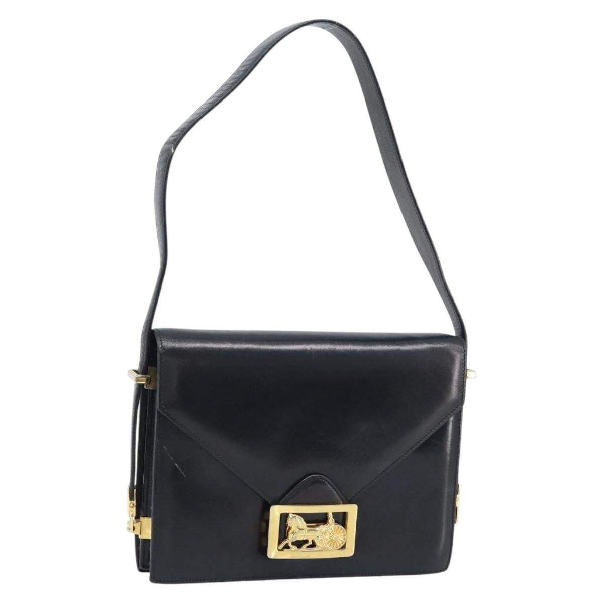CELINE Horse Carriage Shoulder Bag Leather Black Gold Auth ep13665