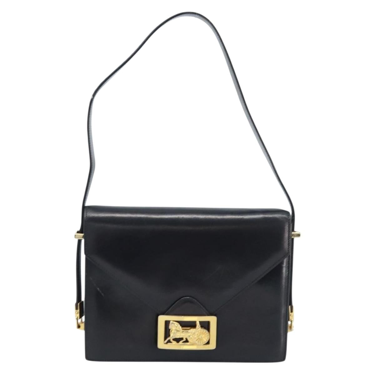 CELINE Horse Carriage Shoulder Bag Leather Black Gold Auth ep13665