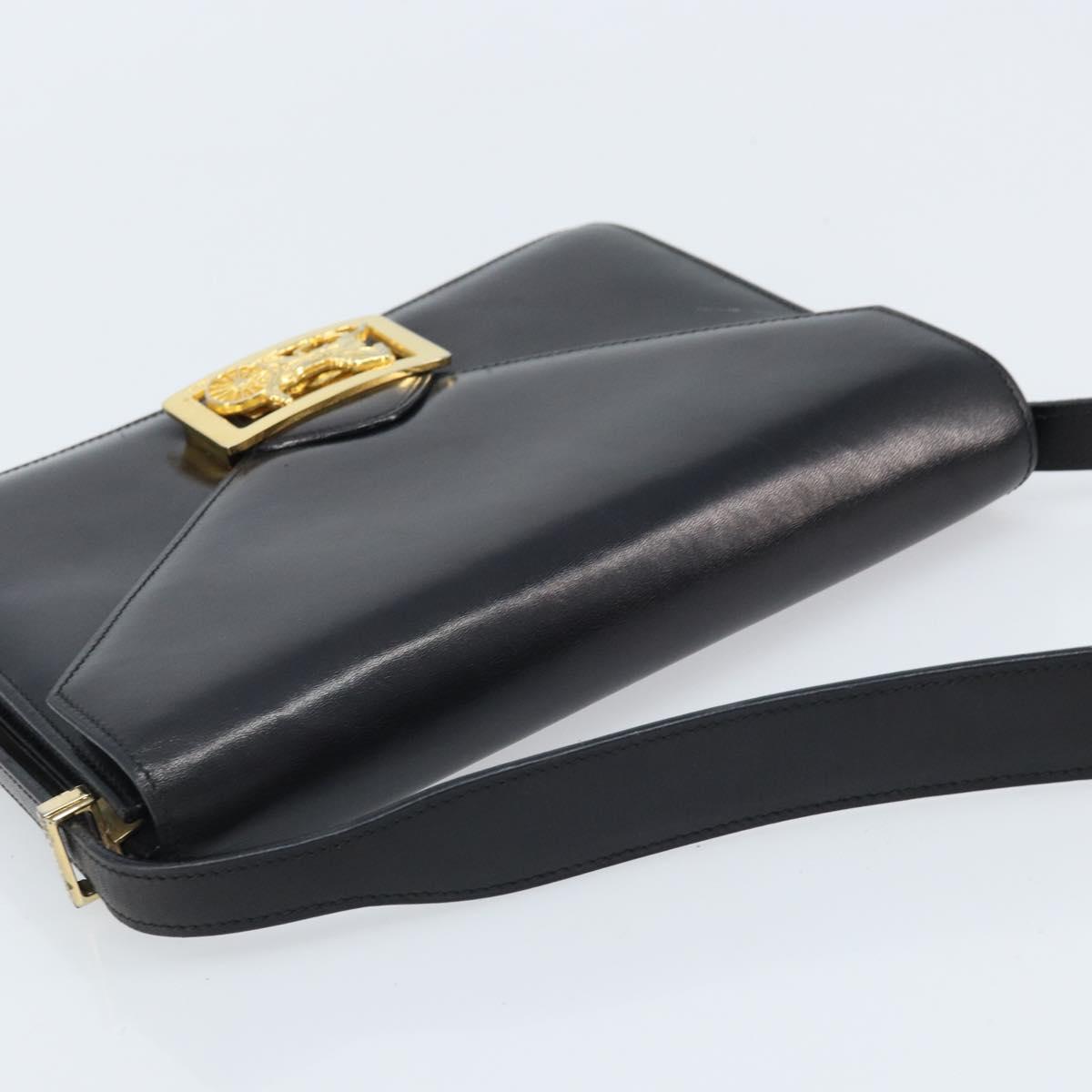 CELINE Horse Carriage Shoulder Bag Leather Black Gold Auth ep13665