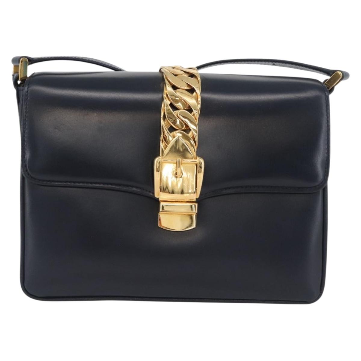GUCCI Shoulder Bag Leather Navy Gold Auth ep13673