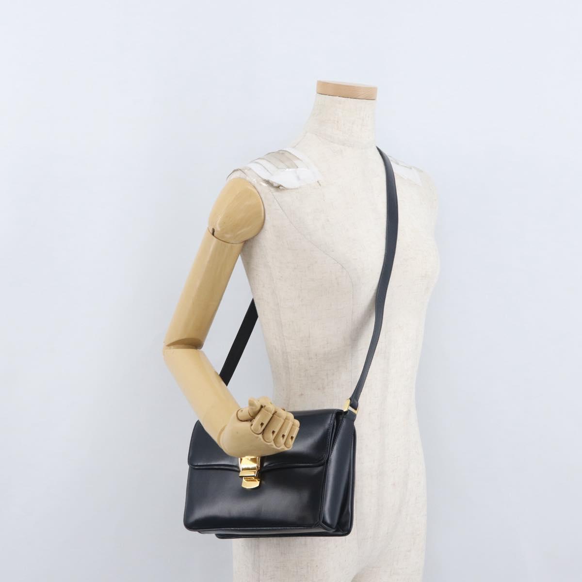 GUCCI Shoulder Bag Leather Navy Gold Auth ep13673