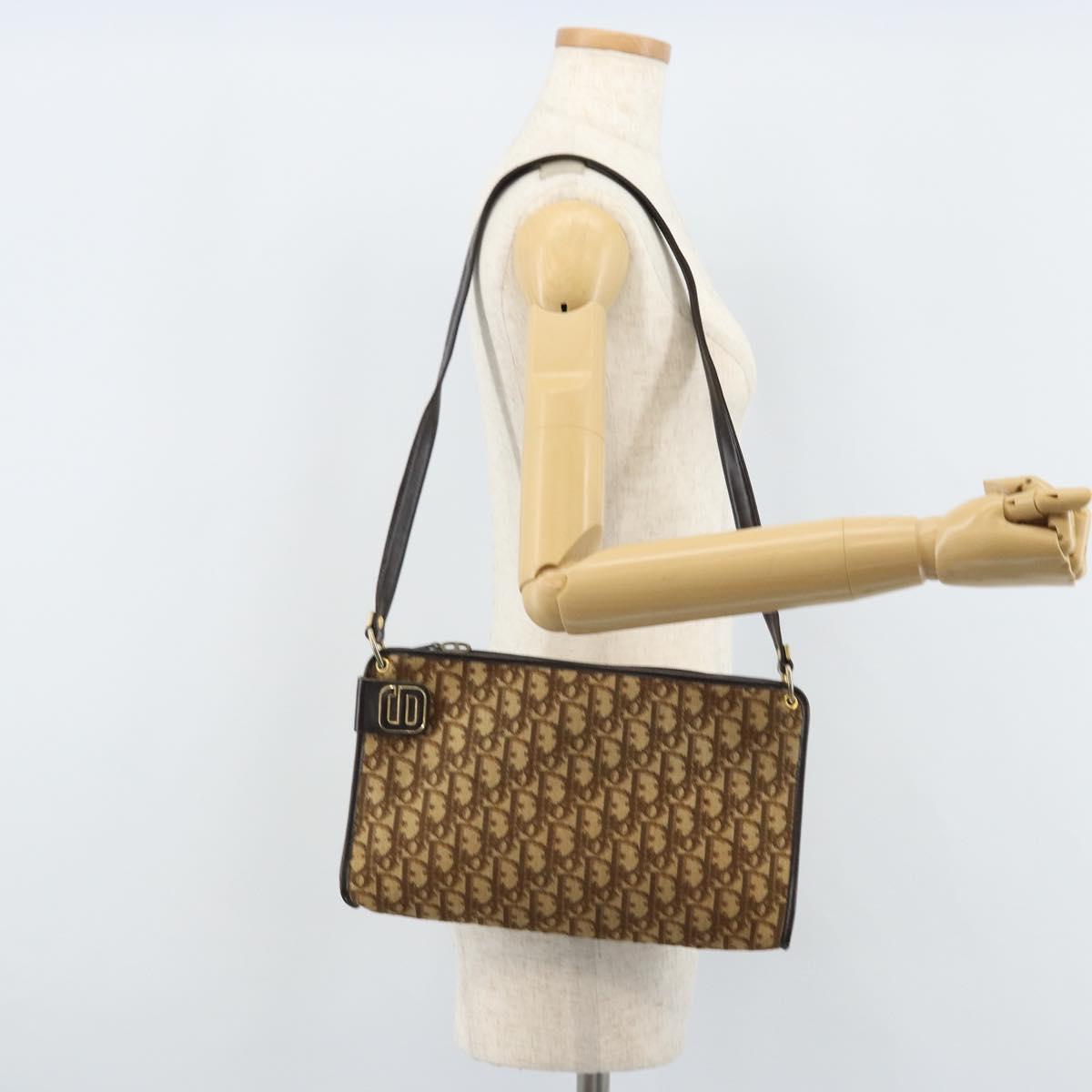 Christian Dior Trotter Canvas Shoulder Bag Beige Gold Auth ep13688A