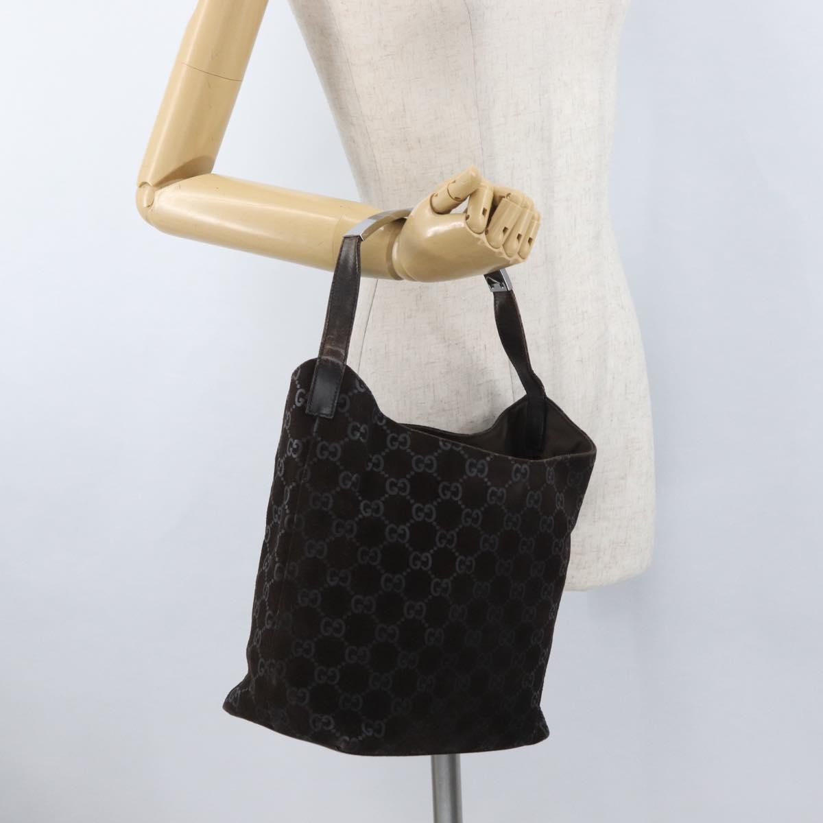 GUCCI GG Canvas Shoulder Bag Suede Dark Brown Silver 001 3298 Auth ep13716