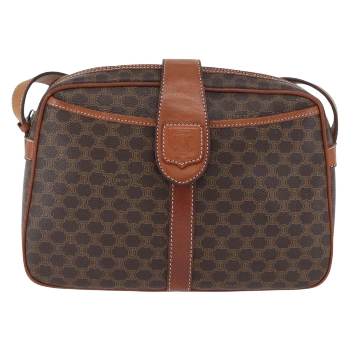 CELINE Macadam Canvas Shoulder Bag PVC Leather Brown Gold Auth ep13731