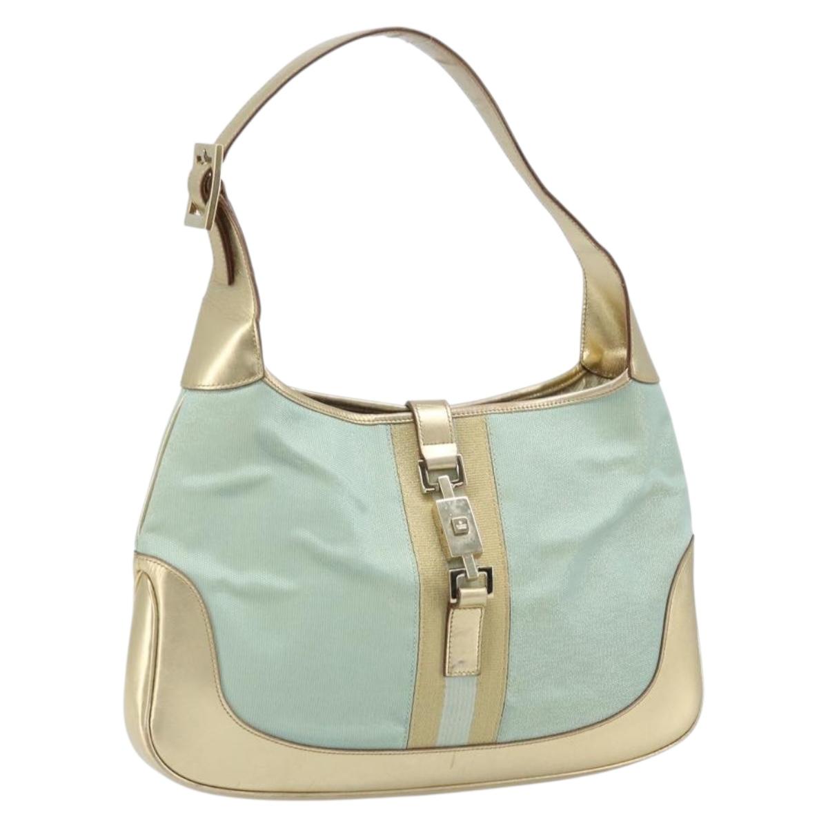 GUCCI GG Canvas Jackie Shoulder Bag Light Blue Gold 001 3306 1956 Auth ep13754A