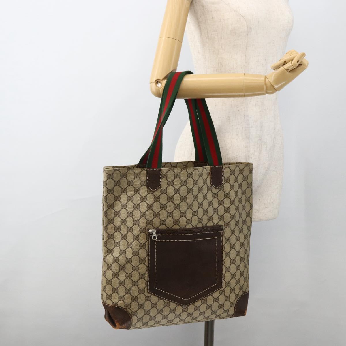 GUCCI GG Supreme Web Sherry Line Tote Bag PVC Beige Gold 010 378 Auth ep13796