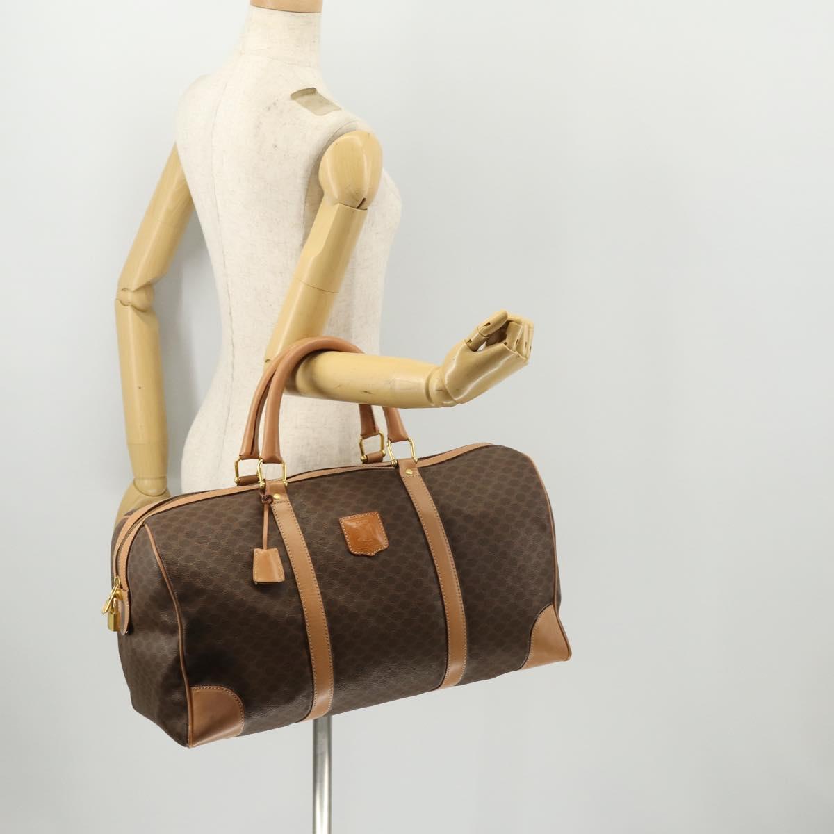 CELINE Macadam Canvas Boston Bag PVC Leather Brown Gold Auth ep13807