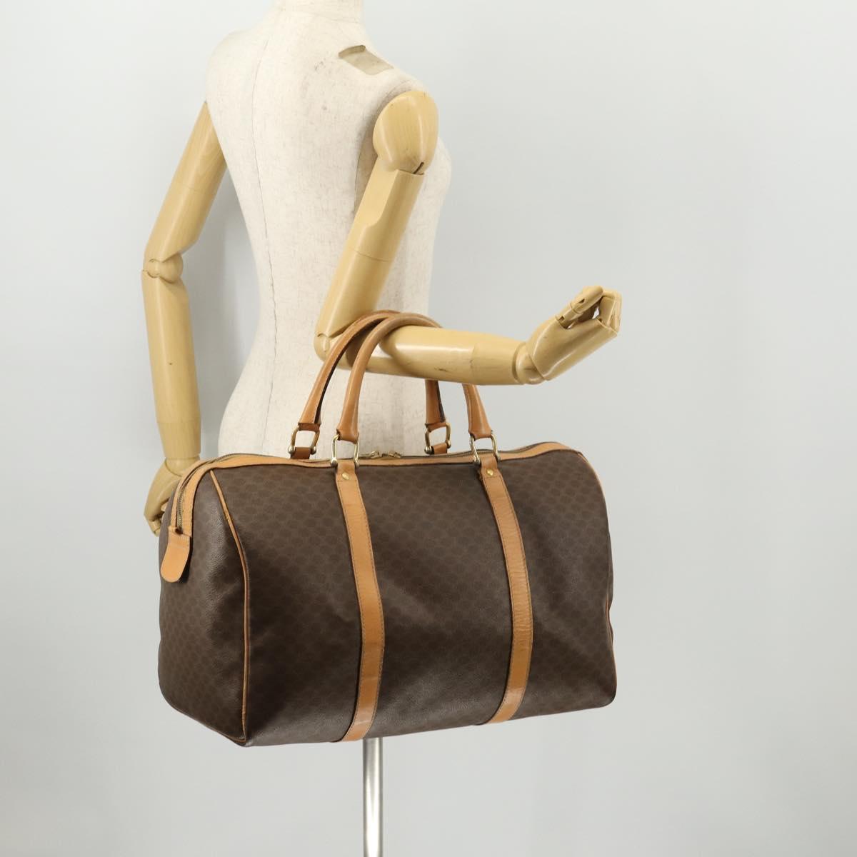 CELINE Macadam Canvas Boston Bag PVC Leather Brown Gold Auth ep13845