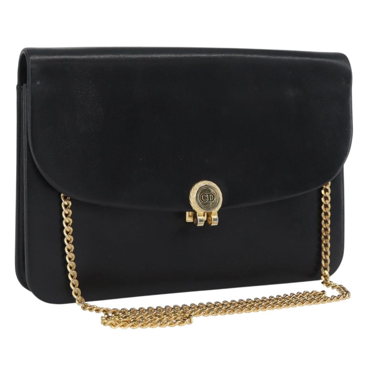 Christian Dior Chain Shoulder Bag Leather Black Gold Auth ep13853