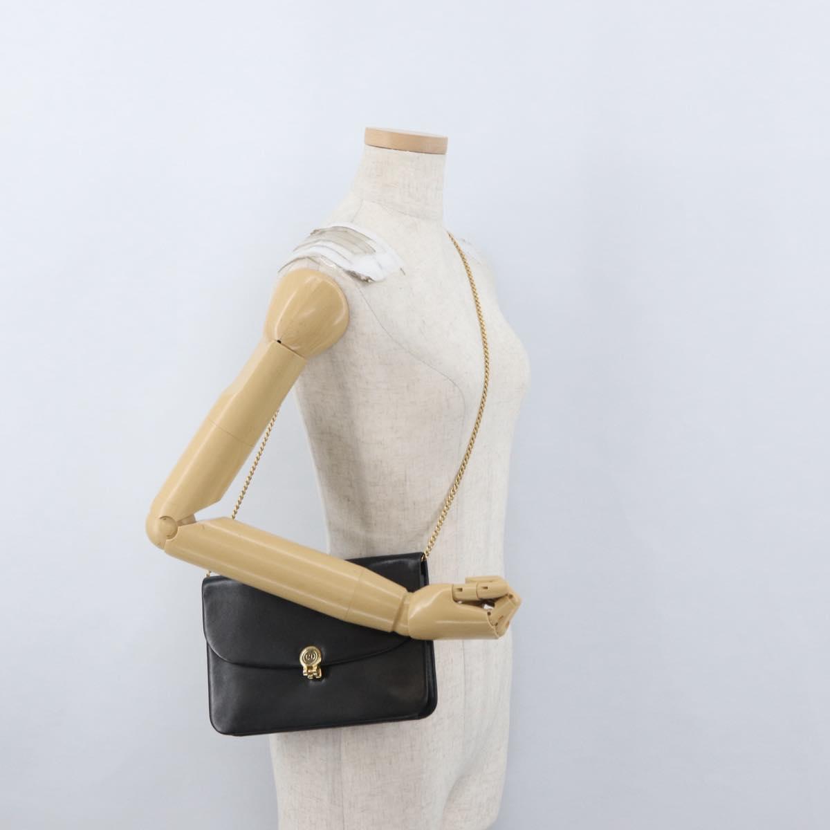 Christian Dior Chain Shoulder Bag Leather Black Gold Auth ep13853