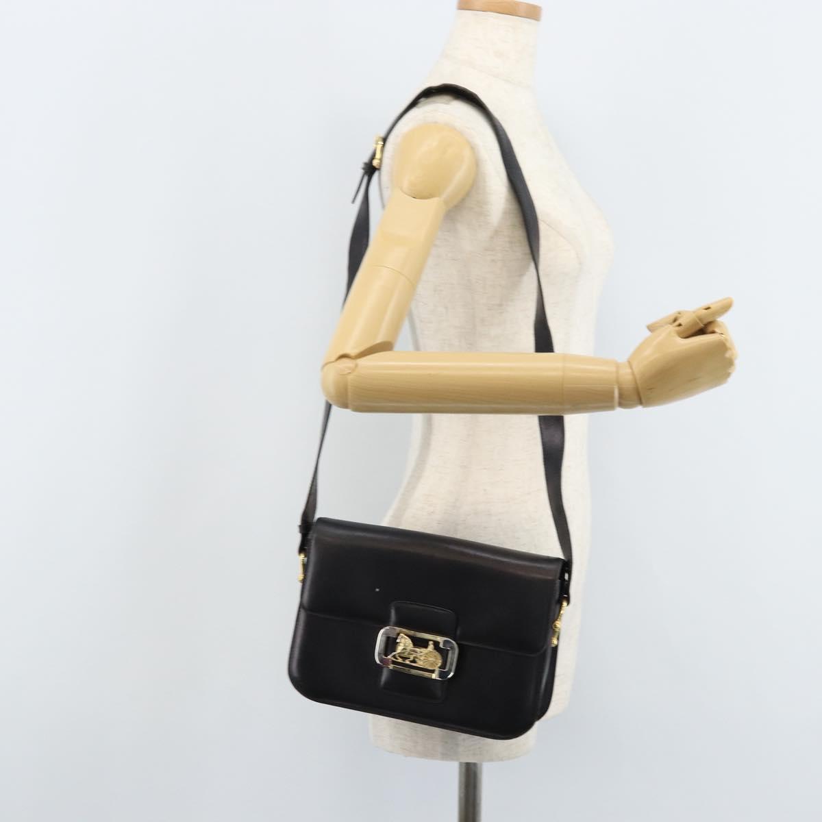 CELINE Horse Carriage Shoulder Bag Leather Black Gold Auth ep13857