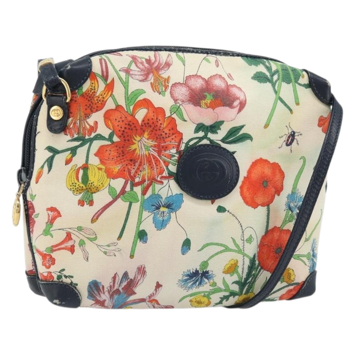GUCCI Flora Shoulder Bag Canvas Leather White Gold 007 115 1093 Auth ep13906