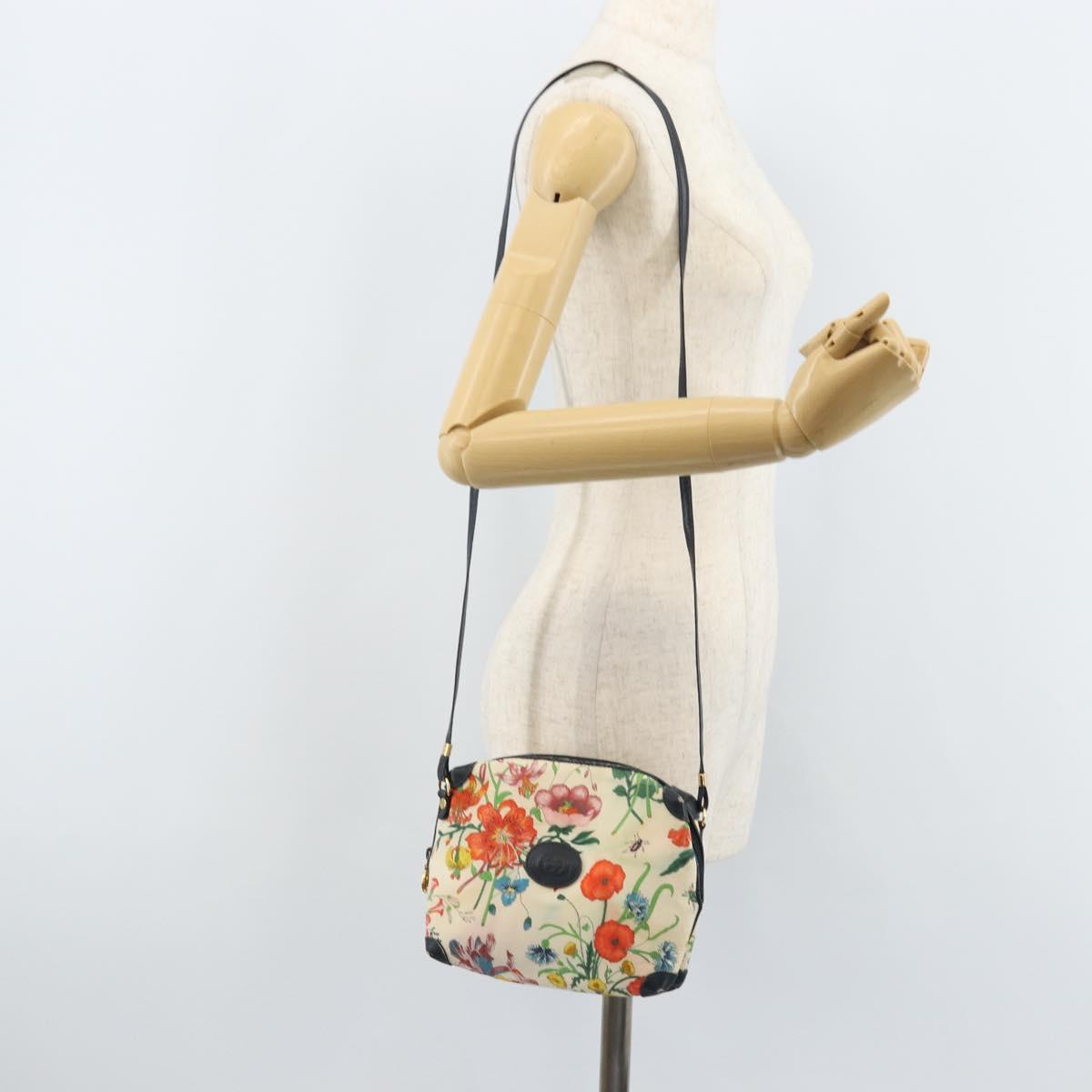 GUCCI Flora Shoulder Bag Canvas Leather White Gold 007 115 1093 Auth ep13906