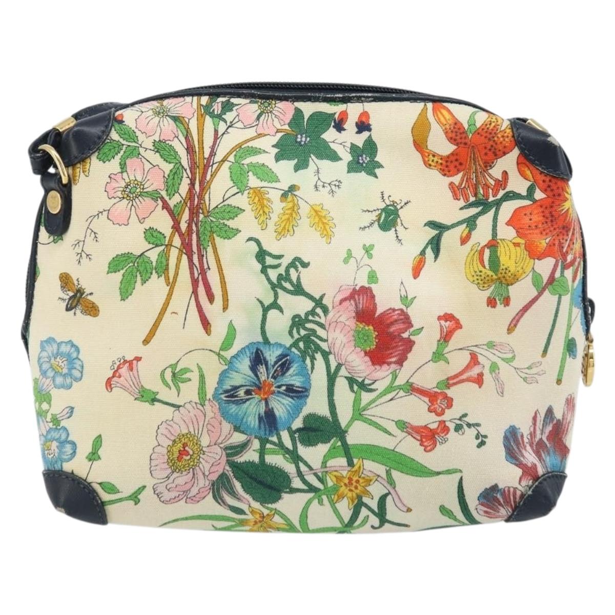 GUCCI Flora Shoulder Bag Canvas Leather White Gold 007 115 1093 Auth ep13906