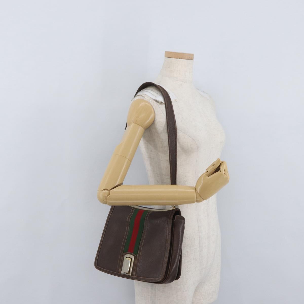 GUCCI Web Sherry Line Shoulder Bag Leather Brown Gold Auth ep13922