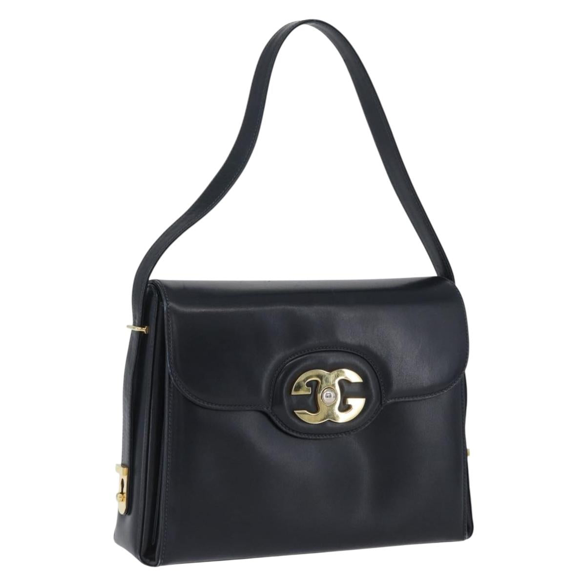 GUCCI Shoulder Bag Leather Navy Gold Auth ep13947V