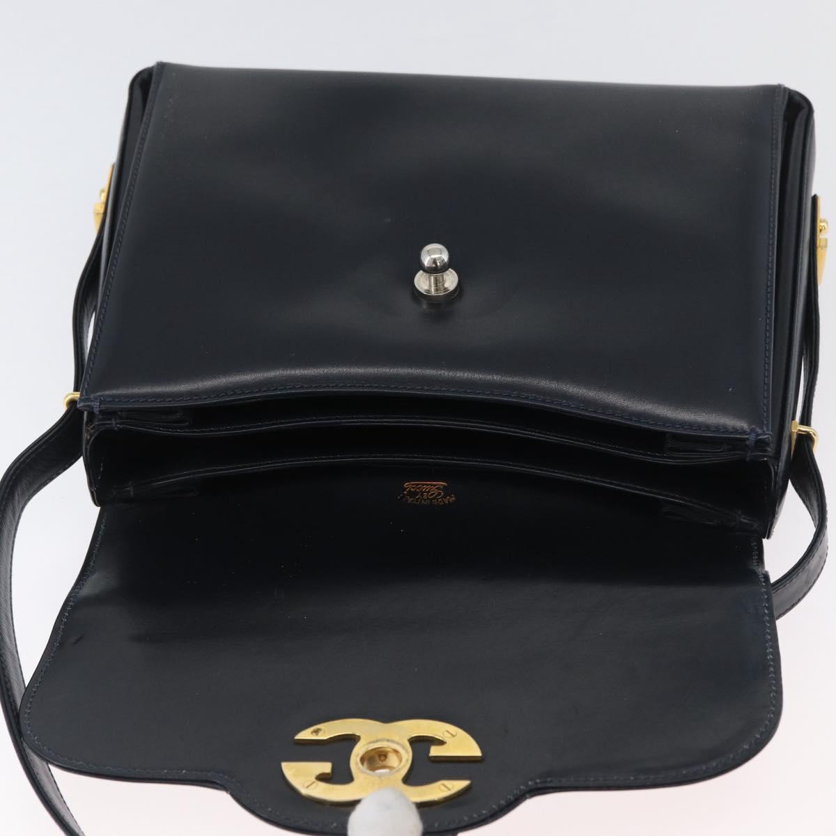 GUCCI Shoulder Bag Leather Navy Gold Auth ep13947V