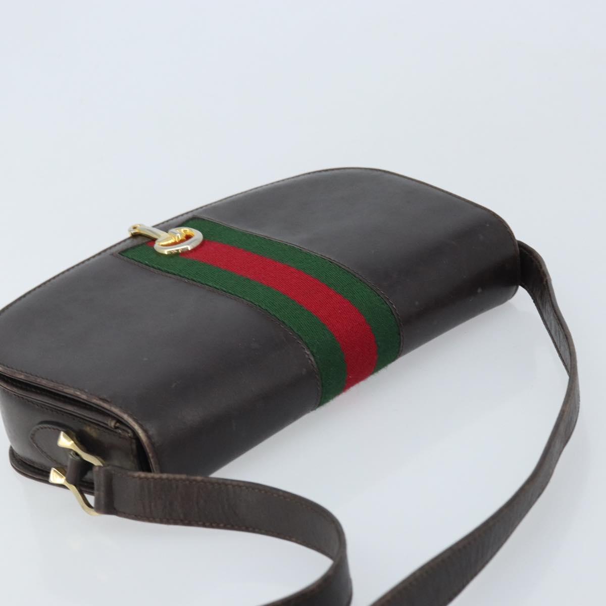 GUCCI Horsebit Web Sherry Line Shoulder Bag Leather Dark Brown Gold Auth ep13957