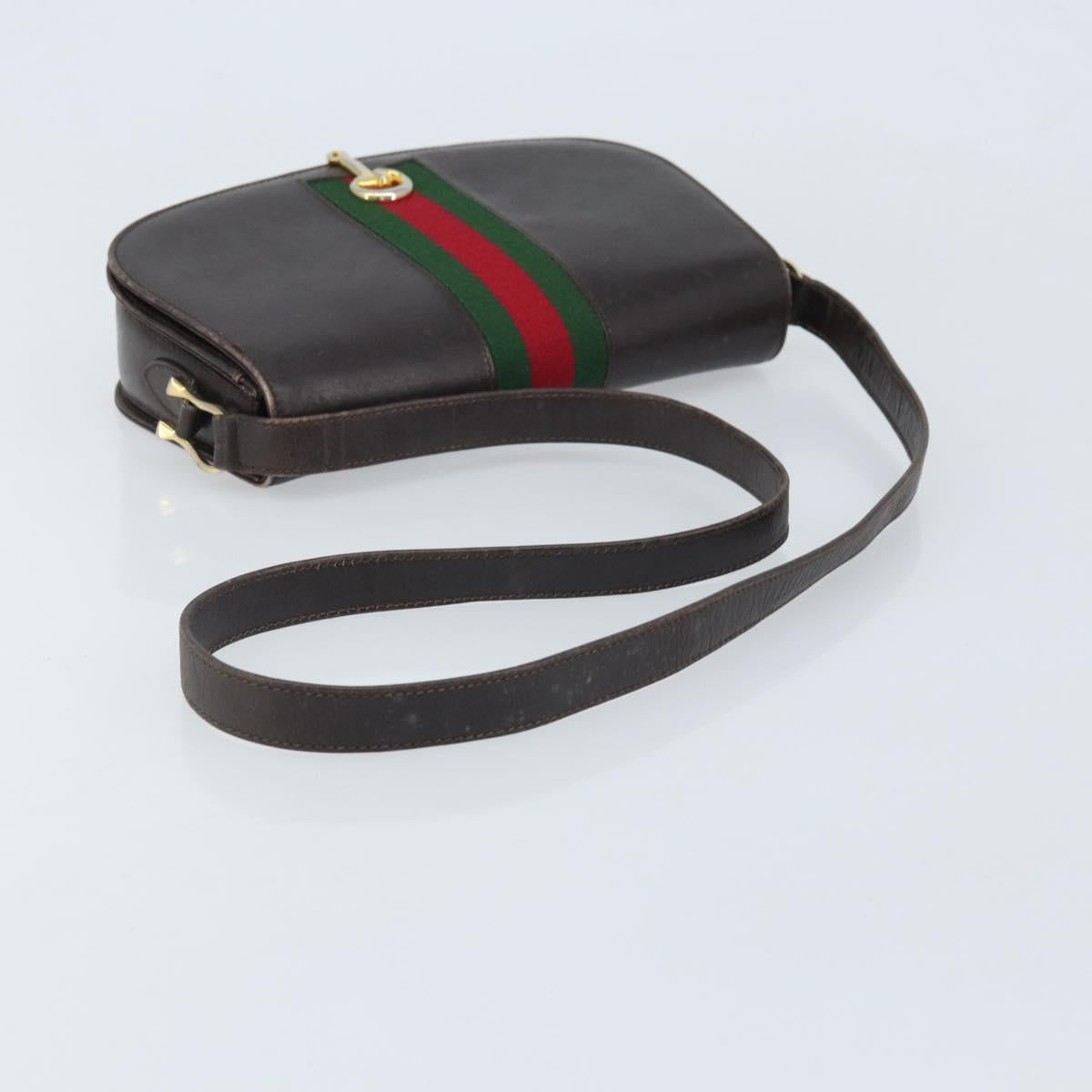 GUCCI Horsebit Web Sherry Line Shoulder Bag Leather Dark Brown Gold Auth ep13957